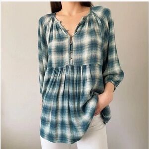 Anthropologie MAEVE Cavalon Peplum Plaid Tunic Top Sz Small Green Blue Academia